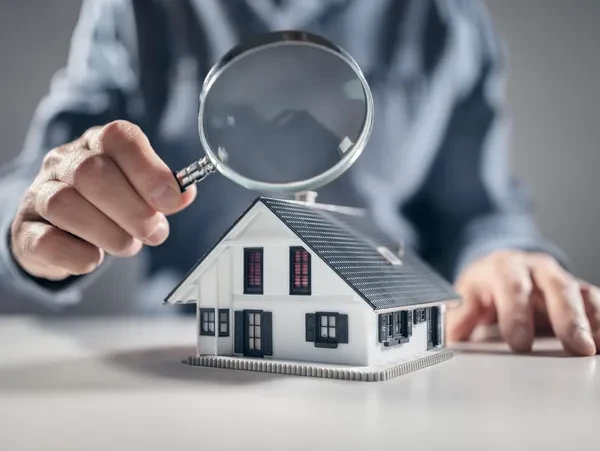 Professional holding magnifying glass over house model